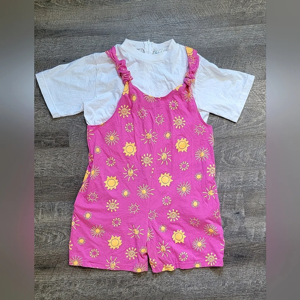 Vintg Early 90's Romper Girls 16/ Women's XS Pink w/90's Style Sun Built-in Tee - Picture 1 of 14
